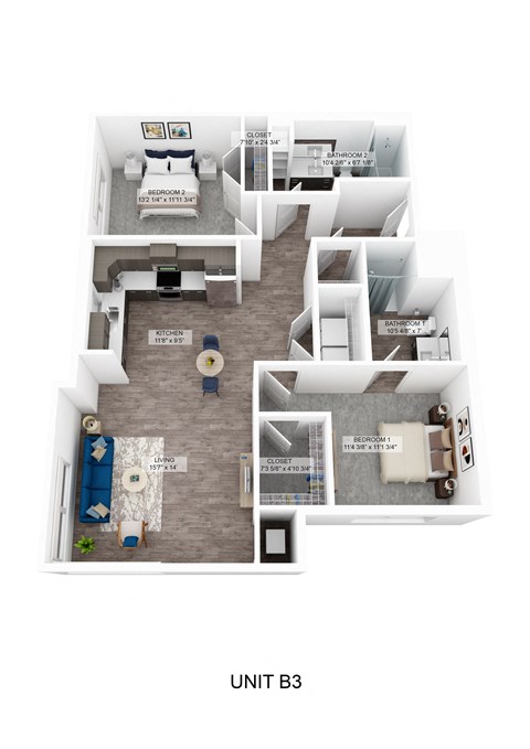 a stylized floor plan with a bedroom and a living room